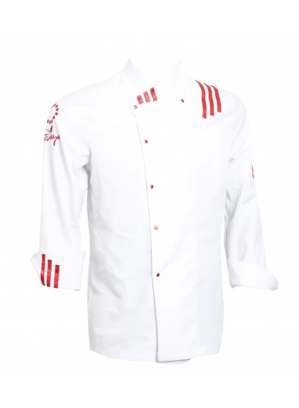 AŞÇI CHEF CEKET BEYAZ - KIRMIZI BİYELİ