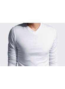 V-Yaka Uzun Kollu Beyaz Penye Tişört  TİŞ-34 