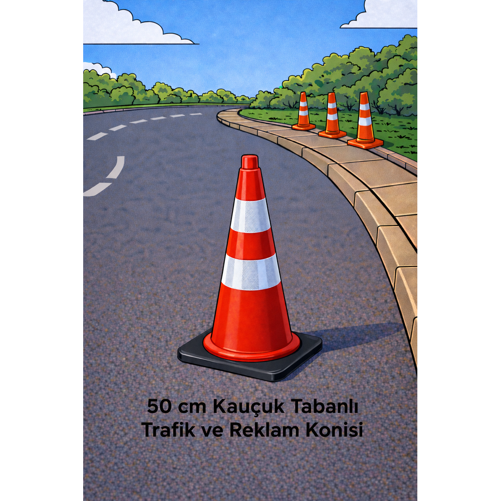 50 cm Kauçuk Tabanlı Reflektif Trafik Konisi 50 cm kaucuk tabanli trafik ve reklam konisi hdpe kirmizi petekli reflektif koni