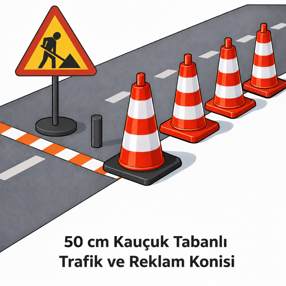 50 cm Kauçuk Tabanlı Reflektif Trafik Konisi 50 cm kaucuk tabanli trafik ve reklam konisi hdpe kirmizi petekli reflektif koni