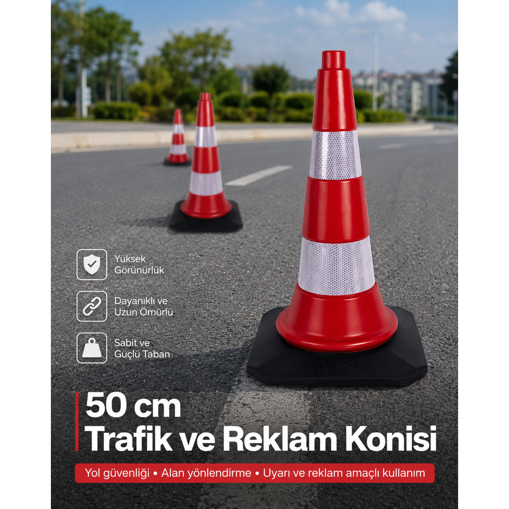 50 cm Kauçuk Tabanlı Reflektif Trafik Konisi 50 cm kaucuk tabanli trafik ve reklam konisi hdpe kirmizi petekli reflektif koni
