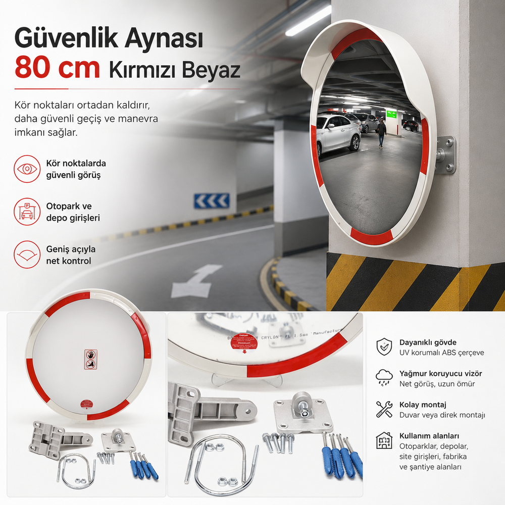 80 cm Kırmızı-Beyaz Trafik Güvenlik Aynası trafik guvenlik aynasi 80 cm kirmizi beyaz akrilik tumsek otopark kor nokta aynasi