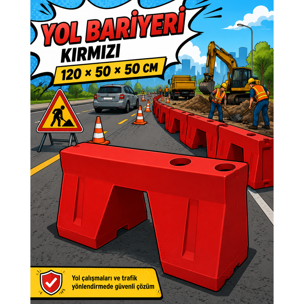 Kırmızı Plastik Yol Bariyeri 120 × 50 × 50 cm yol bariyeri kirmizi 120 x 50 x 50 cm 100 litre su ve kum doldurulabilir plastik trafik bariyeri