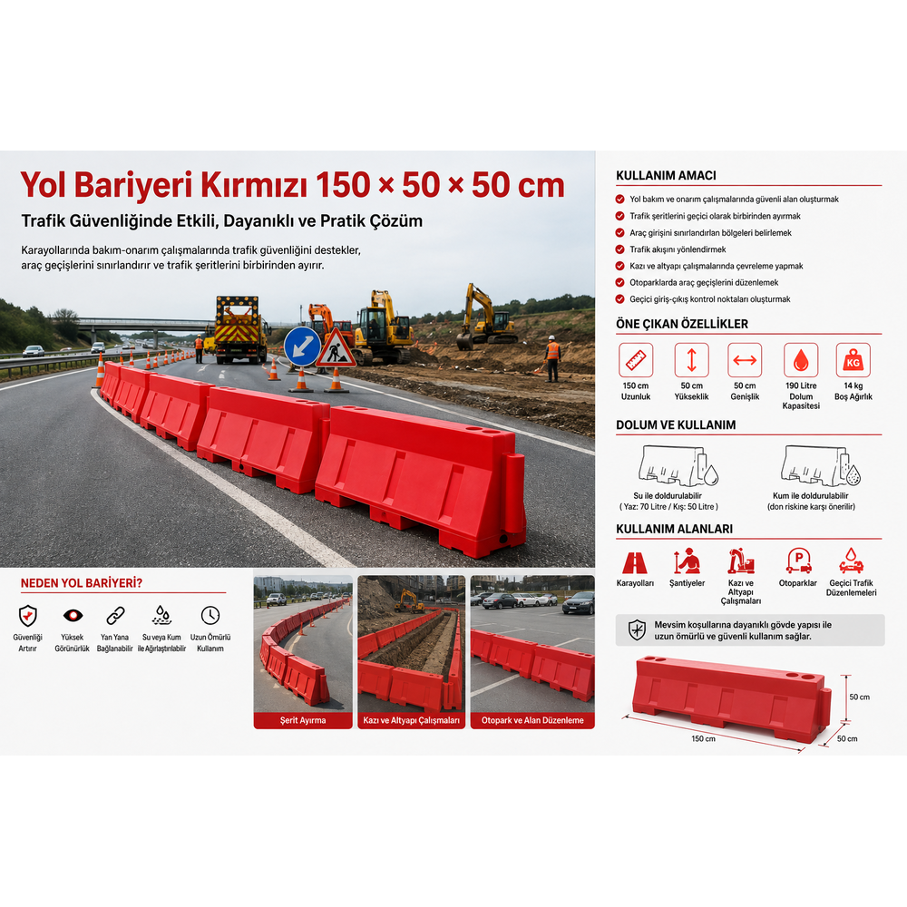 Kırmızı Plastik Yol Bariyeri 150 × 50 × 50 cm yol bariyeri kirmizi 150 x 50 x 50 cm 190 litre su ve kum doldurulabilir plastik trafik bariyeri