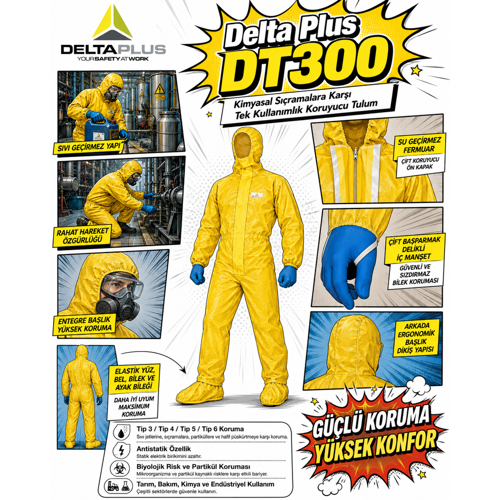 delta plus dt300 deltachem tip 3 kimyasal koruyucu tulum sari antistatik sivi gecirmez