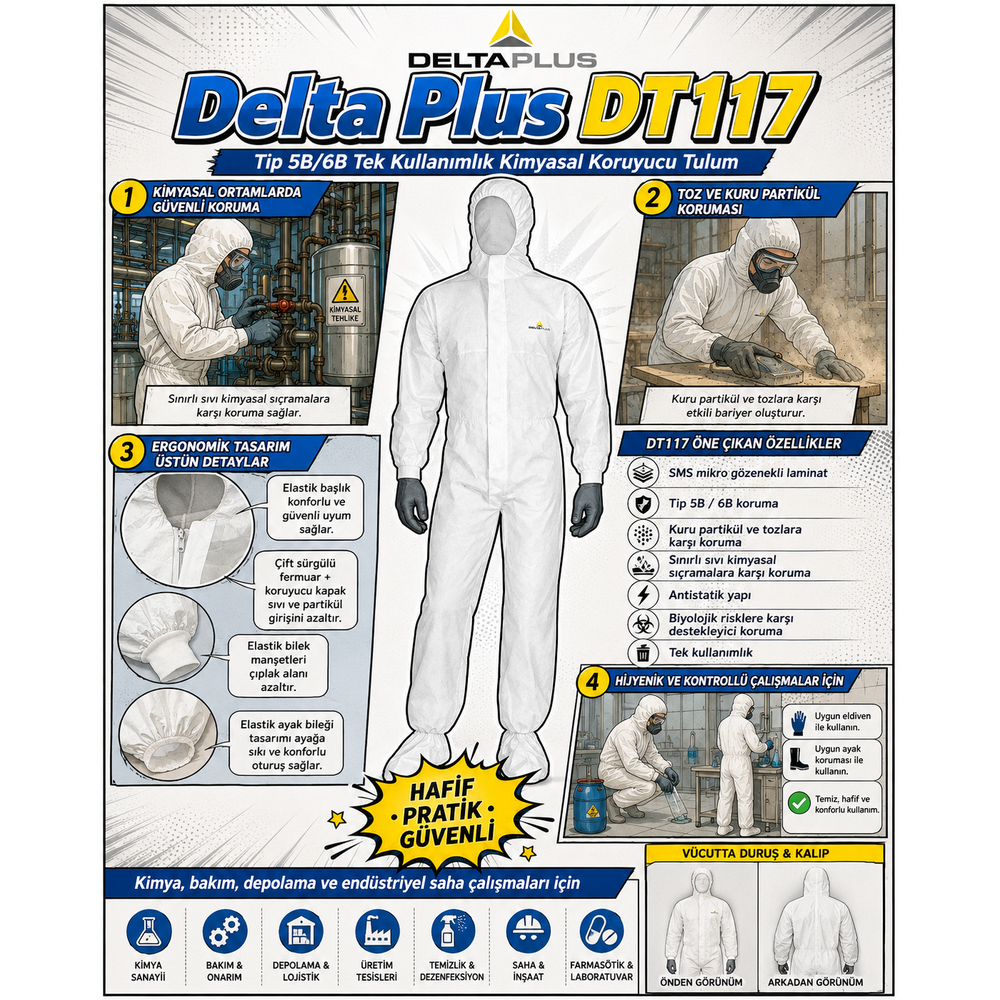delta plus dt117 tip 5b 6b tek kullanimlik kimyasal koruyucu tulum beyaz antistatik