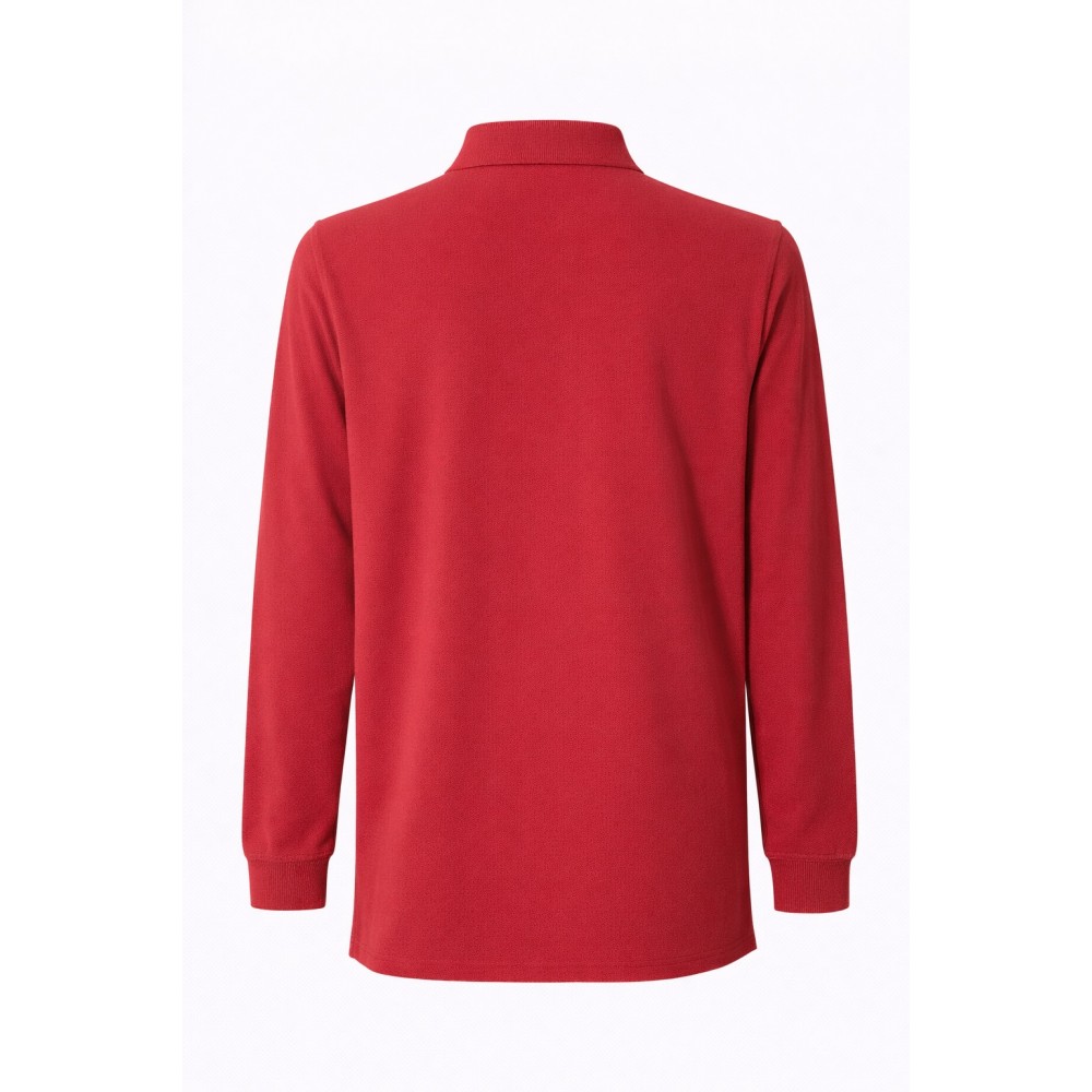 Uzun kollu kırmızı polo yaka 2 iplik sweatshirt, kurumsal personel giyimi için dayanıklı ve dikkat çekici üst giyim ürünü