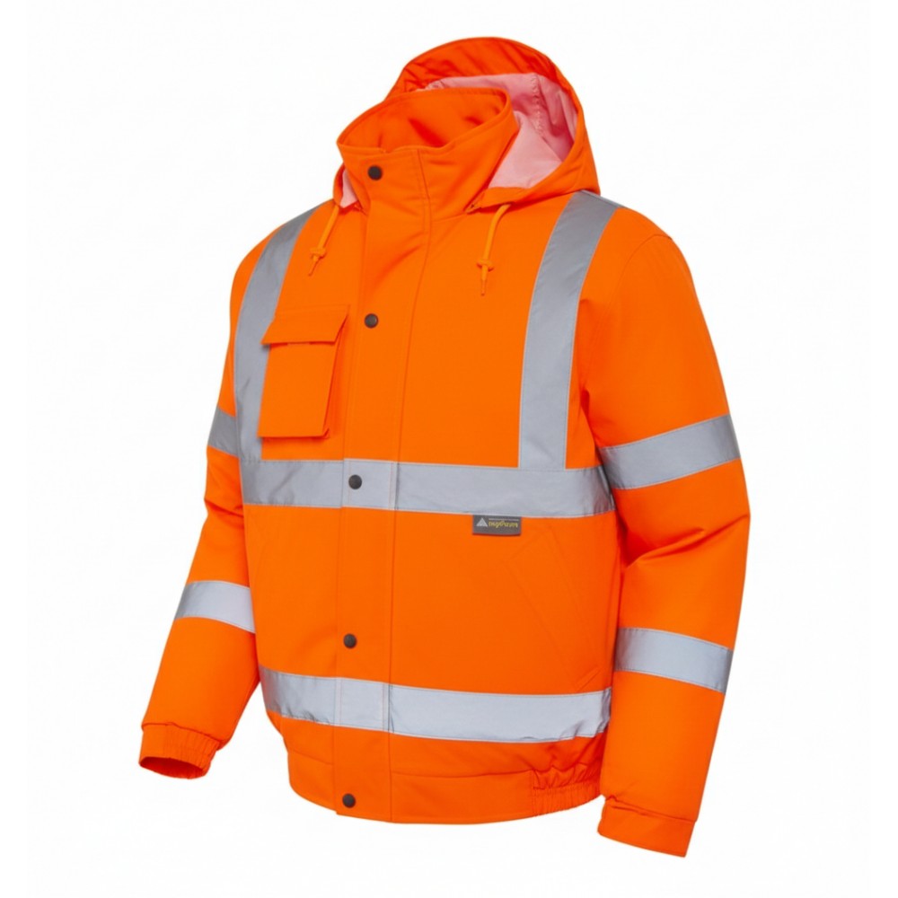 Olympus Essential Turuncu Hi-Vis Bomber Ceket - Reflektör Detaylı Olympus Essential yüksek görünürlüklü fosforlu turuncu astarlı bomber iş ceketi