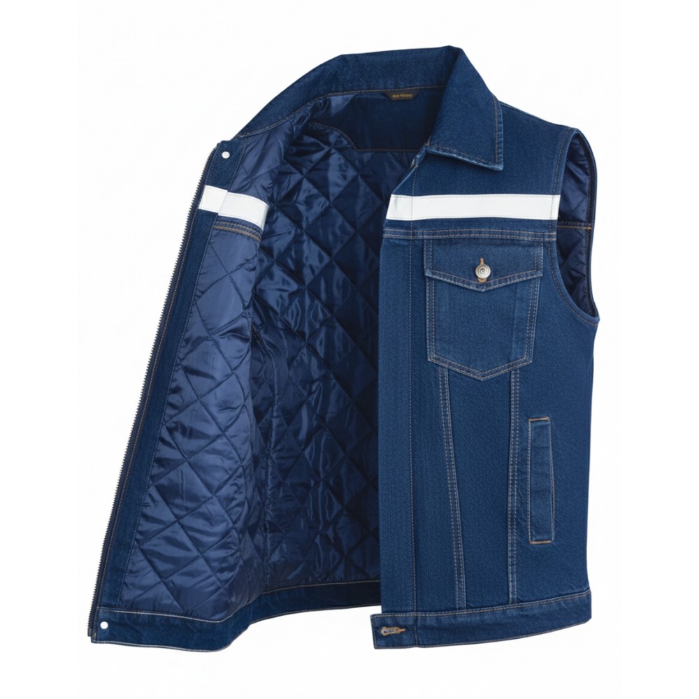 Myform Sona Denim Kapitoneli Kot Yelek 9129 Myform Sona Denim 9129 mavi kapitoneli kışlık kot yelek ön ve iç görünüm