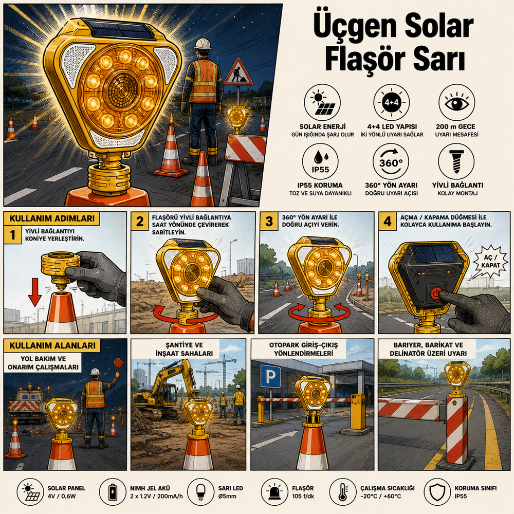 ucgen solar flasor sari led trafik uyari lambasi cift yonlu 4 4 led ip55 solar flasor