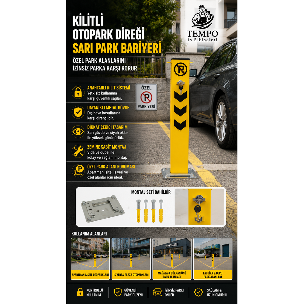 kilitli otopark diregi sari park bariyeri anahtarli kilitli zemin montajli park yeri koruma diregi