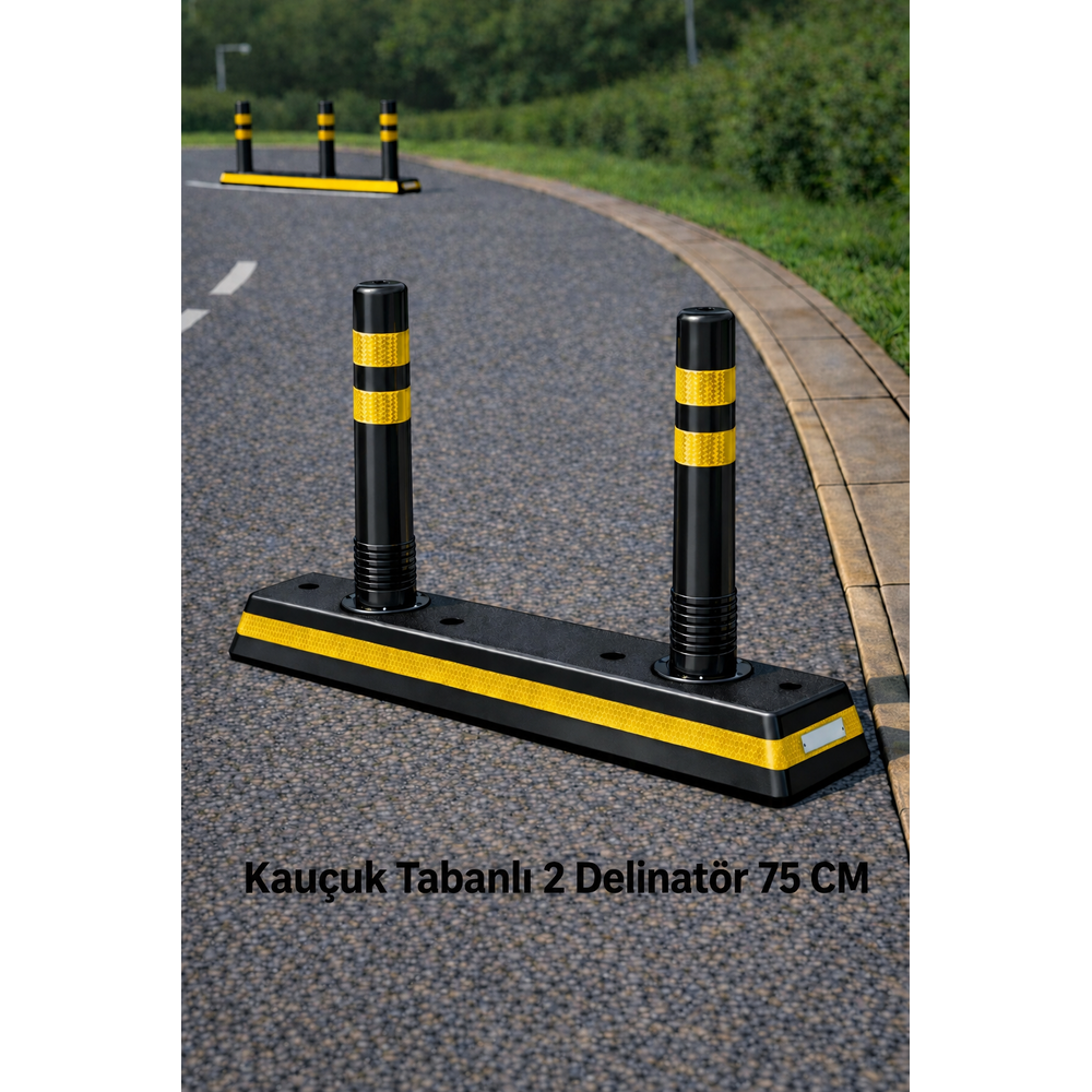 Kauçuk Tabanlı 2 Delinatör 75 cm kaucuk tabanli 2 delinator 75 cm siyah sari petekli reflektif serit ayirici trafik delinatoru