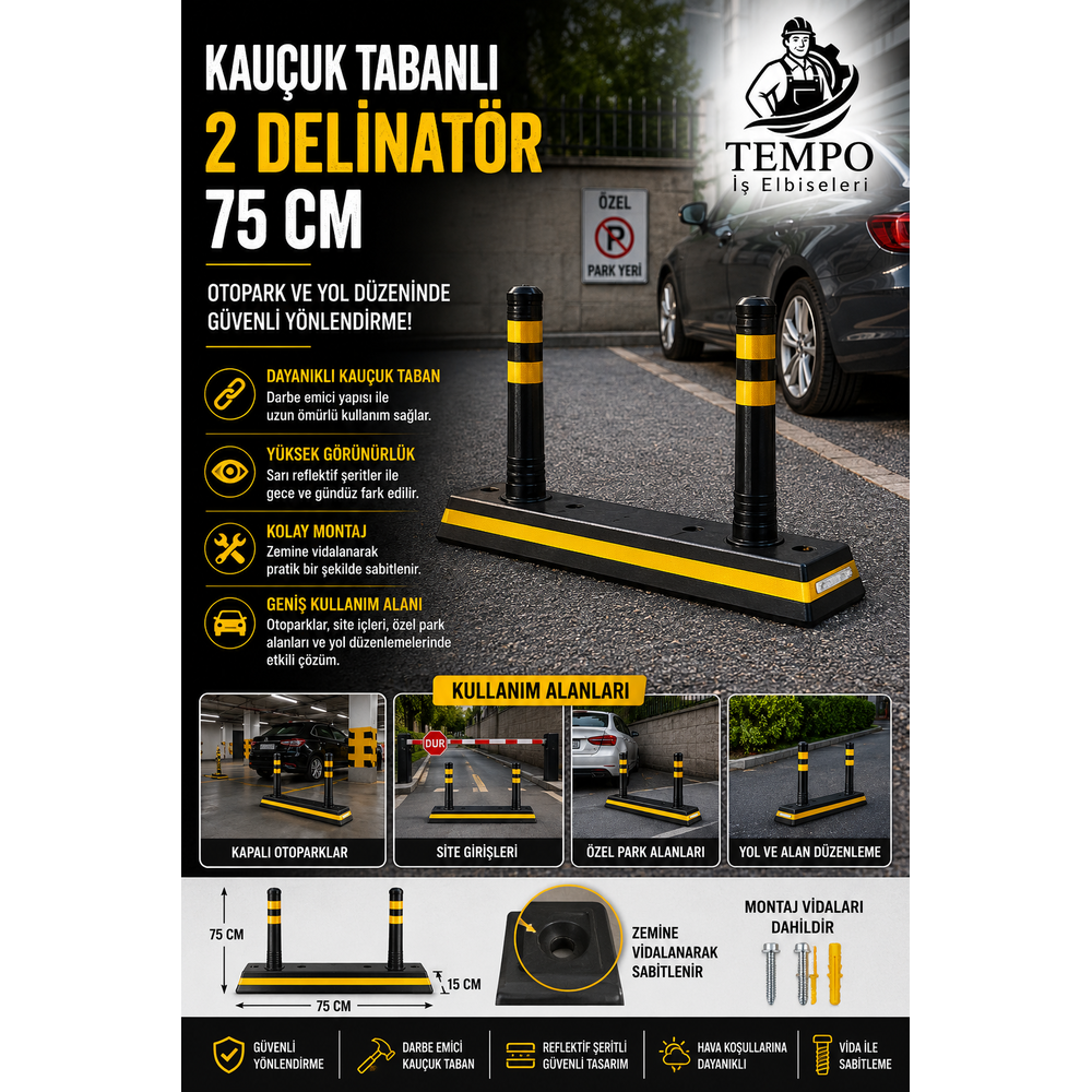 Kauçuk Tabanlı 2 Delinatör 75 cm kaucuk tabanli 2 delinator 75 cm siyah sari petekli reflektif serit ayirici trafik delinatoru