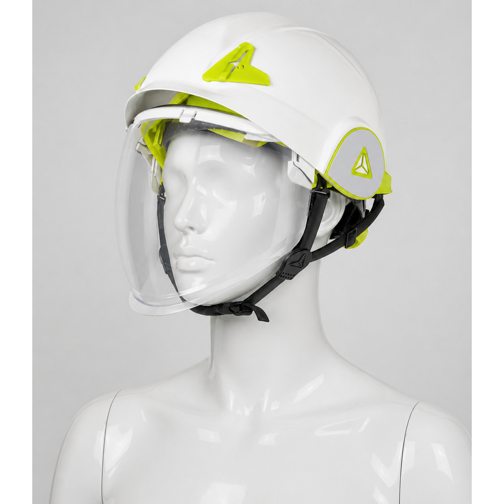 Delta Plus ONYX2 BLANC vizörlü elektrikçi bareti entegre yüz siperi geri çekilebilir polikarbonat vizör ABS çift kabuk D-ONE rotor 53-64 cm beyaz