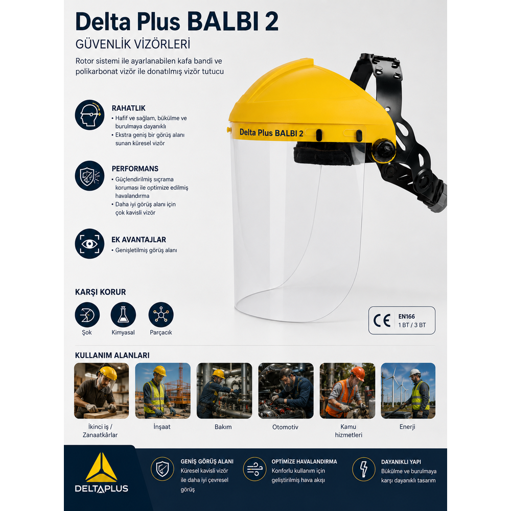 Delta Plus BALBI 2 Sarı Rotor Ayarlı Polikarbonat Vizörlü Yüz Kalkanı Delta Plus BALBI 2 Sarı rotor ayarlı yüz kalkanı şeffaf polikarbonat vizör