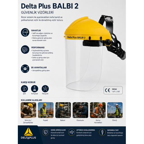 Delta Plus BALBI 2 Sarı Rotor Ayarlı Polikarbonat Vizörlü Yüz Kalkanı (Güvenlik Vizörü)