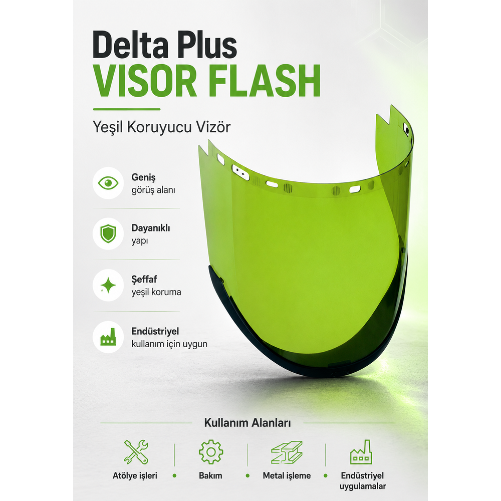 Delta Plus Visor Flash – Elektrik Ark ve Termal Risk İçin Yeşil Polikarbonat Vizör Delta Plus Visor Flash yeşil polikarbonat vizör yüz kalkanı arc flash 14 cal/cm² çene korumalı buğu önleyici çizilmez UV400