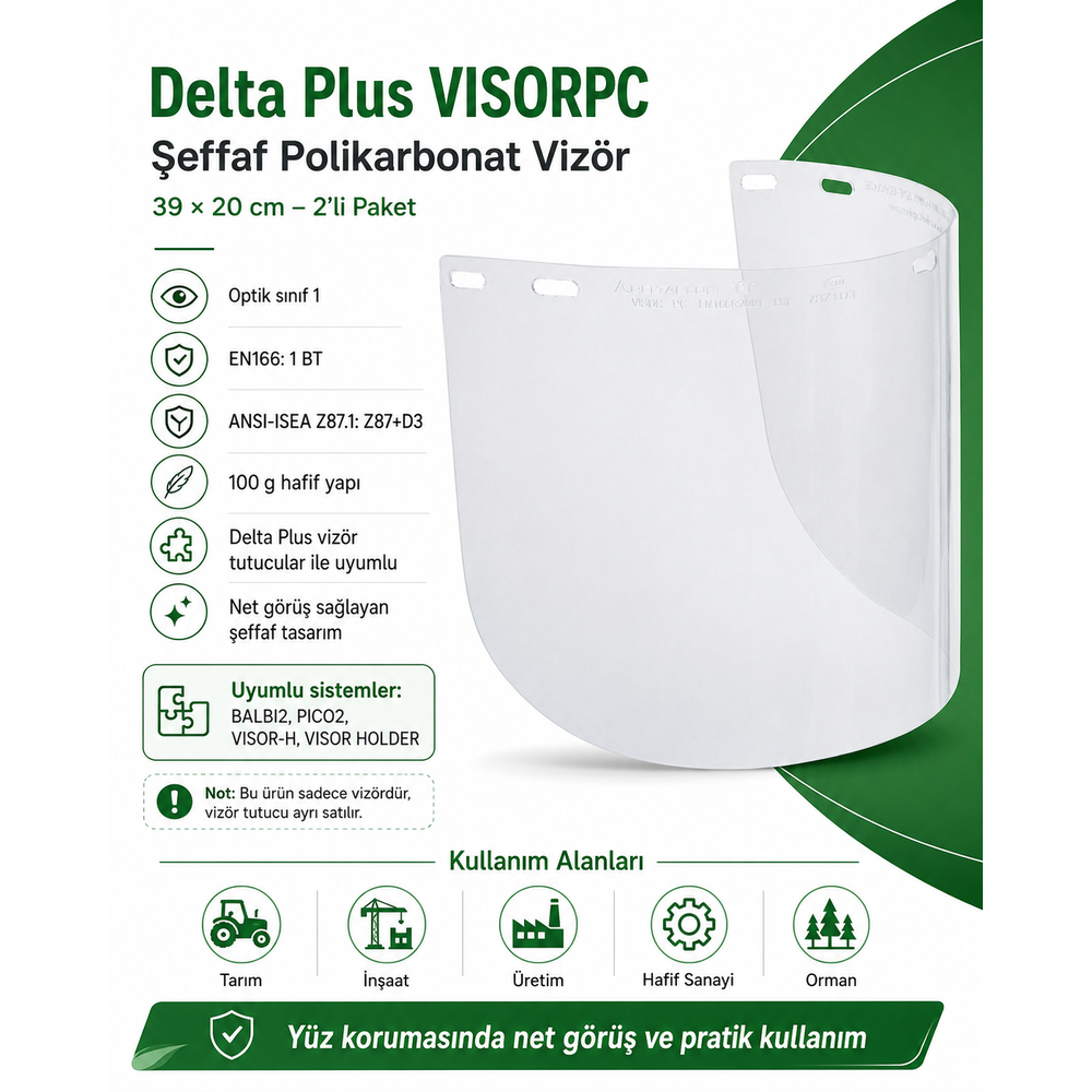 Delta Plus VISORPC şeffaf polikarbonat vizör 39x20 cm 2'li paket optik sınıf 1 EN166 1 BT ANSI Z87+ D3 uyumlu