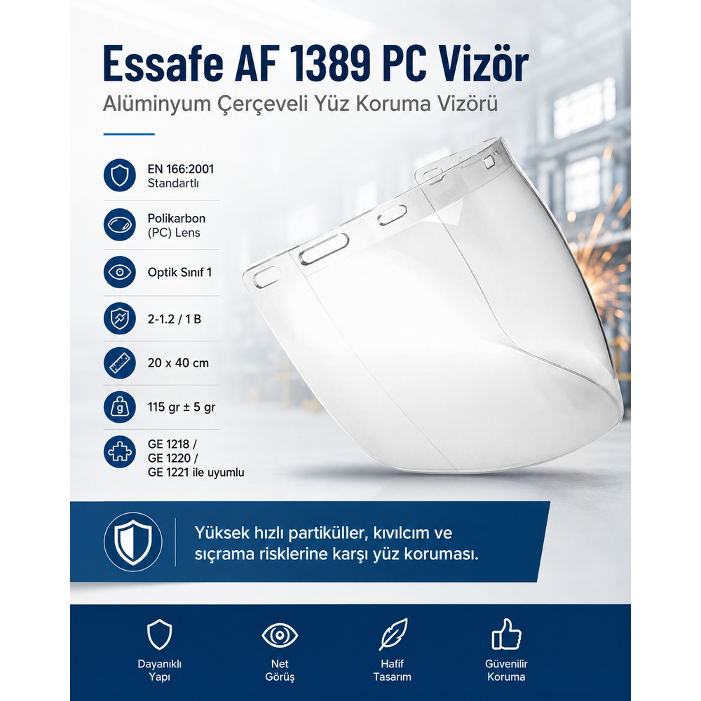 essafe af 1389 pc vizor aluminyum cerceveli ge 1251 1 en 166 2001 optik sinif 1 20x40 yuz koruma siperlik