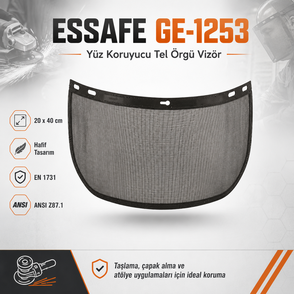 essafe ge 1253 yuz koruyucu tel orgu vizor 20x40 cm siyah mesh tel vizor plastik cerceve 85 gr en 1731 ansi z87.1 taslama capak alma