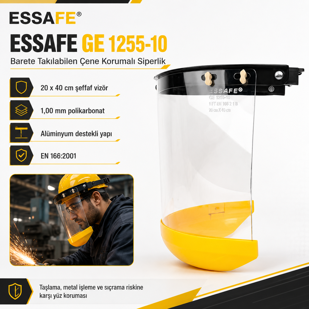 essafe ge 1255-10 barete takilabilen cene korumali siperlik 20x40 cm seffaf polikarbon vizor 1.0 mm aluminyum destek b seviye darbe dayanimi en 166