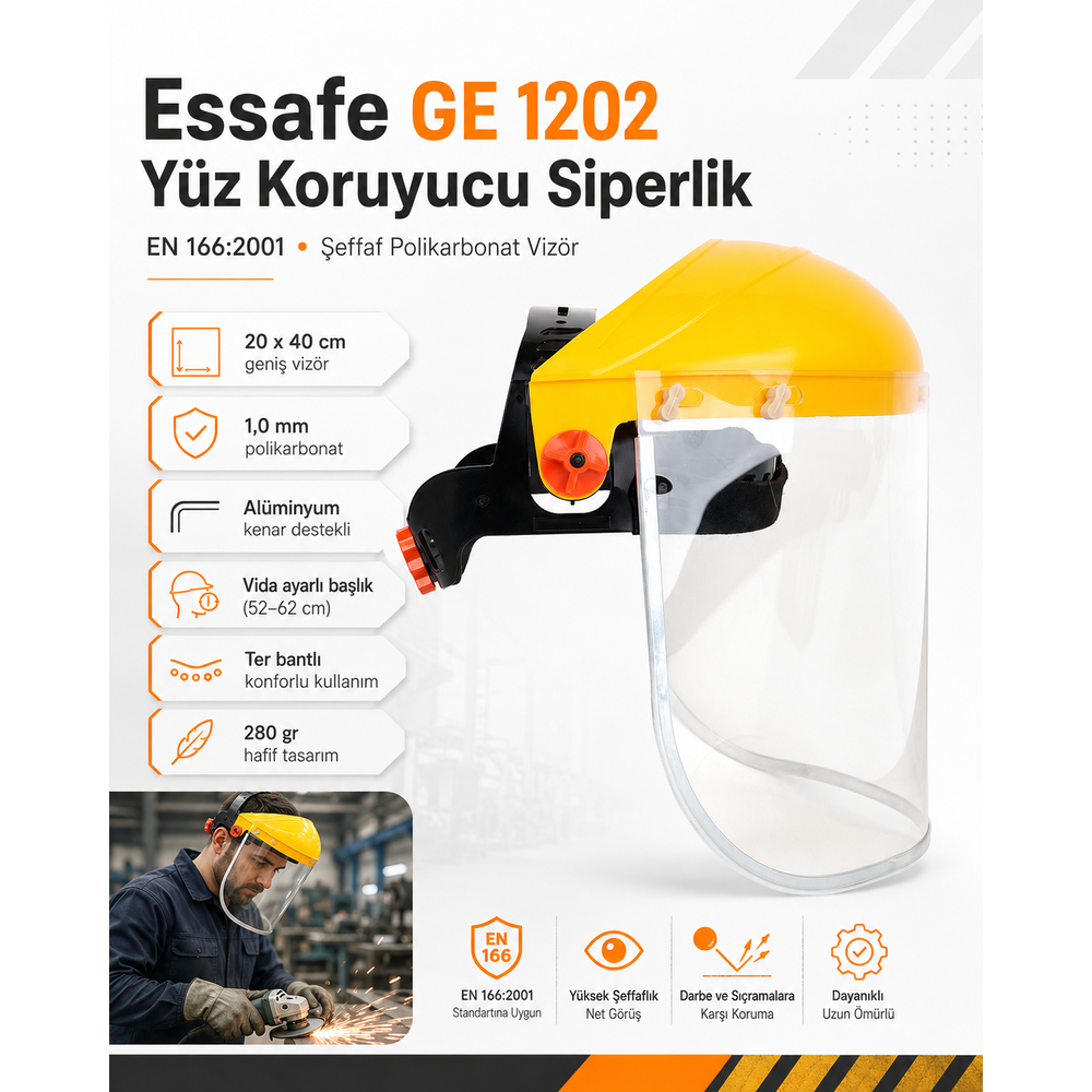 essafe ge 1202 yuz koruyucu siperlik 20x40 seffaf polikarbonat vizor en 166 2001 ratchet ayar ter bant alüminyum kenar taslama capak alma kivilcim sicrama