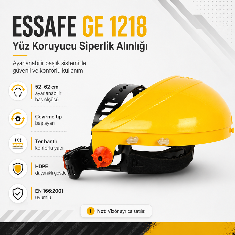 essafe ge 1218 yuz koruyucu siperlik alinligi ayarlanabilir baslik cevirme vida ayar ter bant 3 kademeli 52-62 cm hdpe 160 g en 166 2001 vizor haric