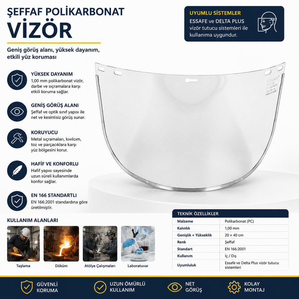 essafe ge 1251 yedek vizor 20x40 cm 1.0 mm pc seffaf polikarbon aluminyum cerceve optik sinif 1 b darbe dayanim en 166 ce en 16321 yuz koruma siperlik vizoru
