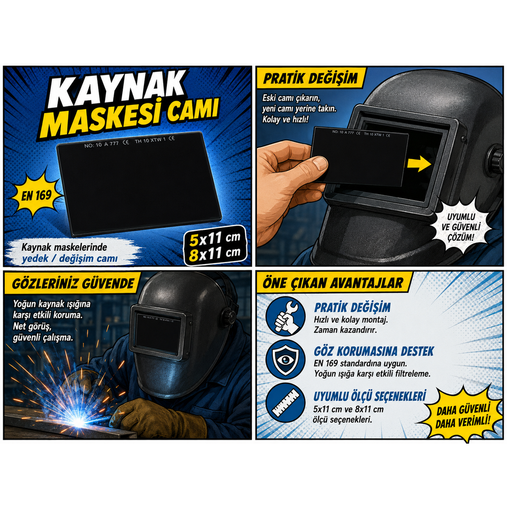 kaynak maskesi cami en 169 5x11 8x11 yedek cam 777 787 olcu secenekli kaynakci maske cami
