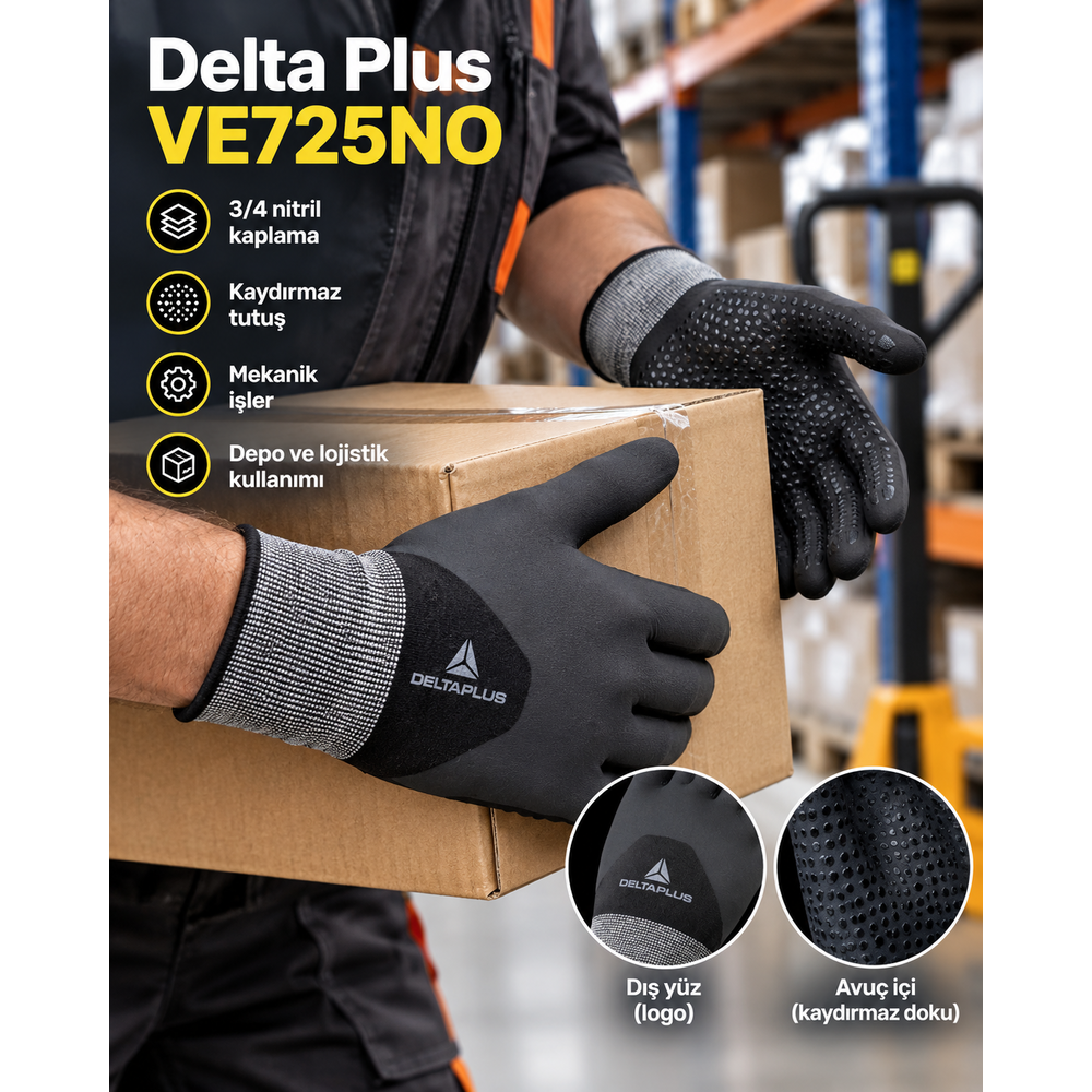 Delta Plus VE725NO Nitril Noktalı Kaydırmaz Mekanik Koruyucu Eldiven Delta Plus VE725NO 3/4 Nitril Kaplamalı Siyah Kaydırmaz İş Eldiveni
