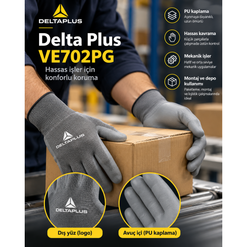 Delta Plus VE702PG Gri PU Kaplamalı Kaydırmaz İş Eldiveni