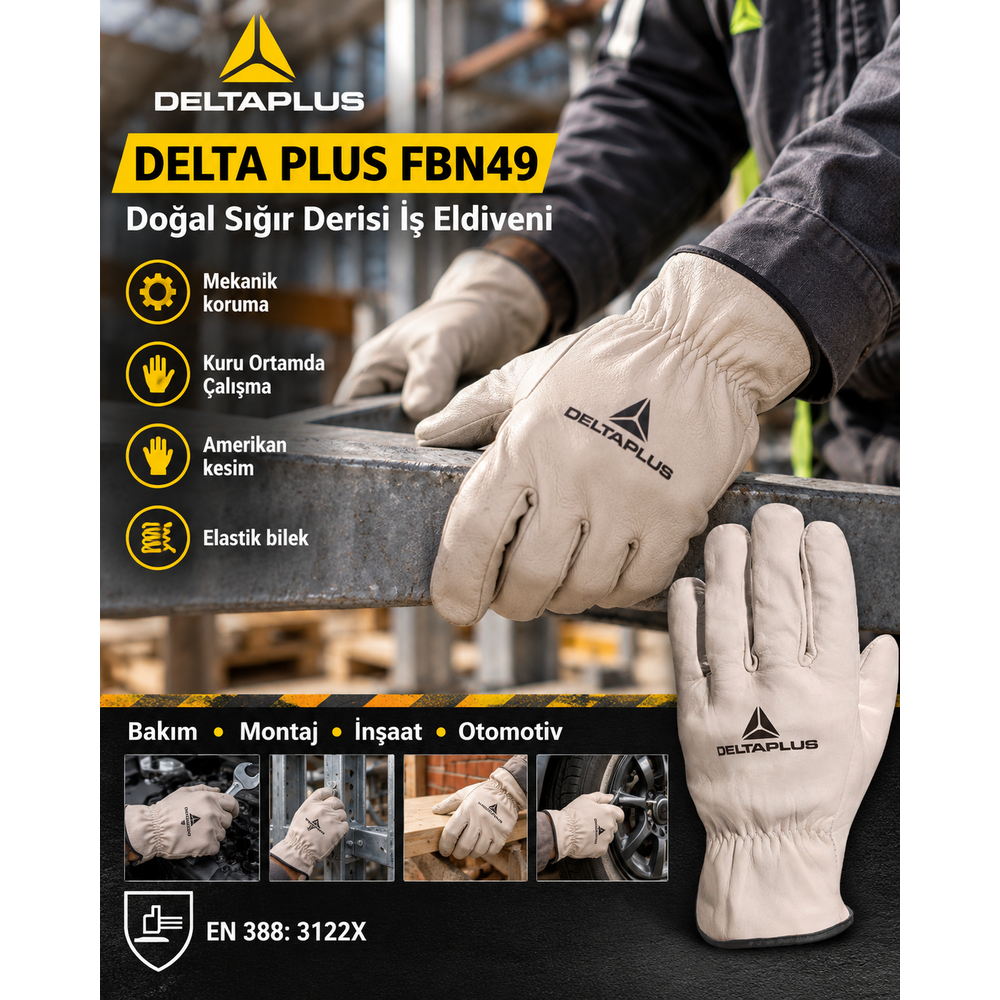 Delta Plus FBN49 Amerikan Kesim Doğal Sığır Derisi Mekanik Koruyucu İş Eldiveni Delta Plus FBN49 Doğal Tam Damarlı Sığır Derisi Amerikan Kesim Elastik Bilekli İş Eldiveni