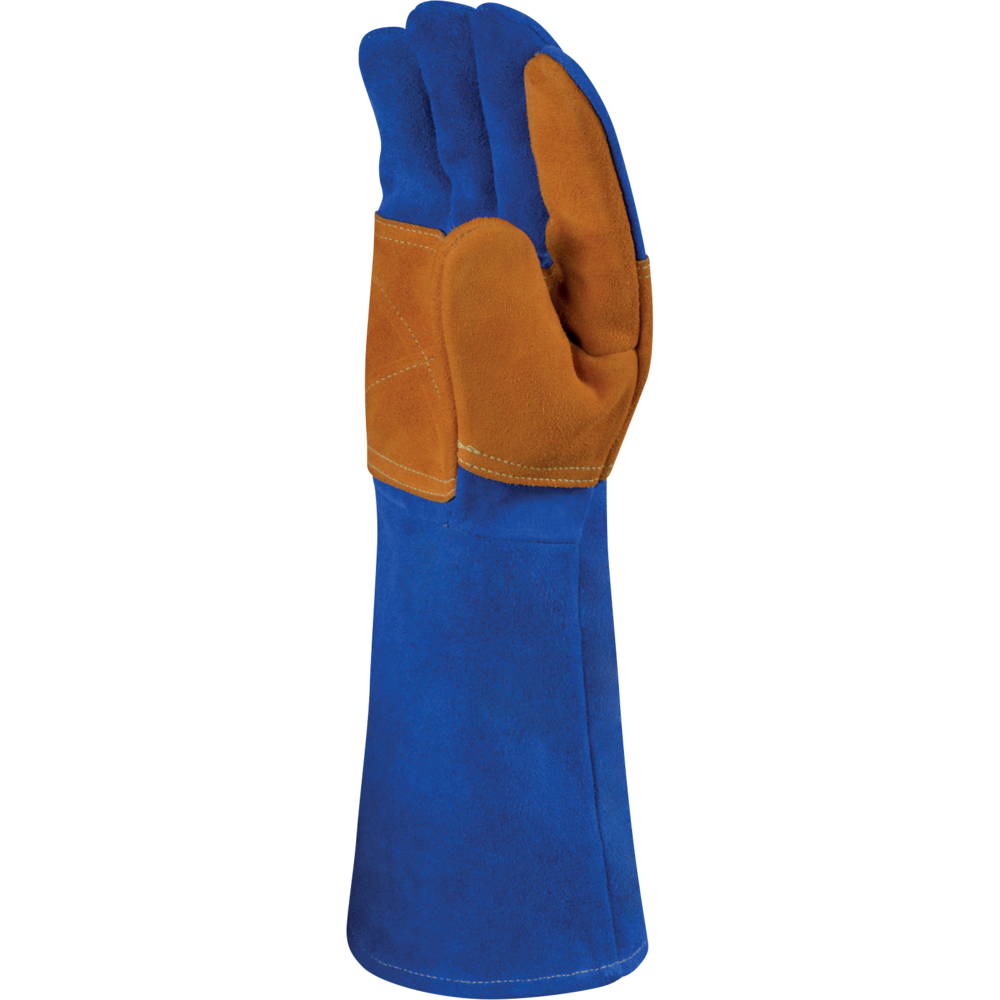 Delta Plus TER300 Isıya Dayanıklı Kevlar Dikişli Deri Kaynakçı Eldiveni Delta Plus TER300 Mavi Sarı Sığır Yarma Deri 400 mm Uzun Konçlu Kaynakçı Eldiveni