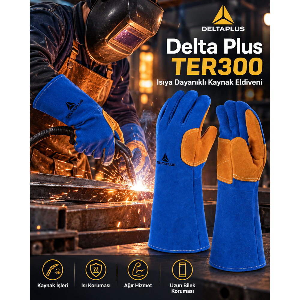 Delta Plus TER300 Isıya Dayanıklı Kevlar Dikişli Deri Kaynakçı Eldiveni Delta Plus TER300 Mavi Sarı Sığır Yarma Deri 400 mm Uzun Konçlu Kaynakçı Eldiveni