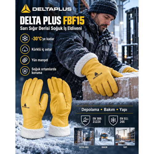 Delta Plus FBF15 Sarı Sığır Derisi Soğuk İş Eldiveni – Kürklü İç Astar, Yün Manşet, -30°C