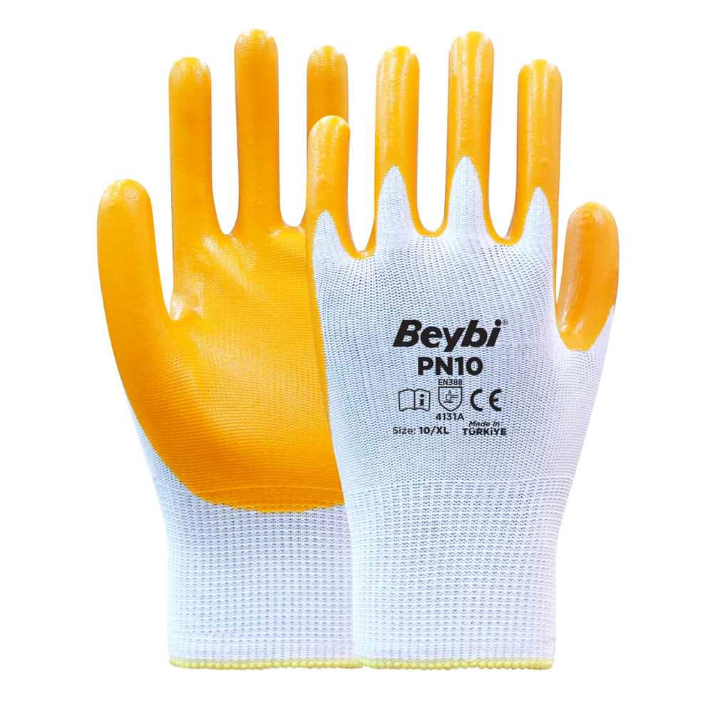 beybi pn10 polyester orme nitril eldiven beyaz sari 10 gauge 600 denye yarim 1 2 kaplama en 388 4141a no 9 l no 10 xl