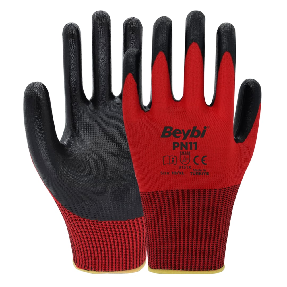 beybi pn11 polyester örme nitril eldiven 13g yarım nitril kaplama gıda ile temasa uygun reach uyumlu silikon içermez en 388 ce no 9 no 10
