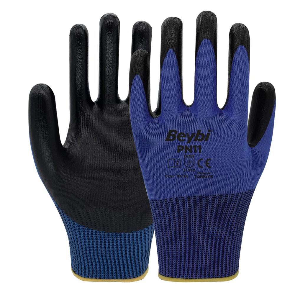beybi pn11 polyester örme nitril eldiven 13g yarım nitril kaplama gıda ile temasa uygun reach uyumlu silikon içermez en 388 ce no 9 no 10