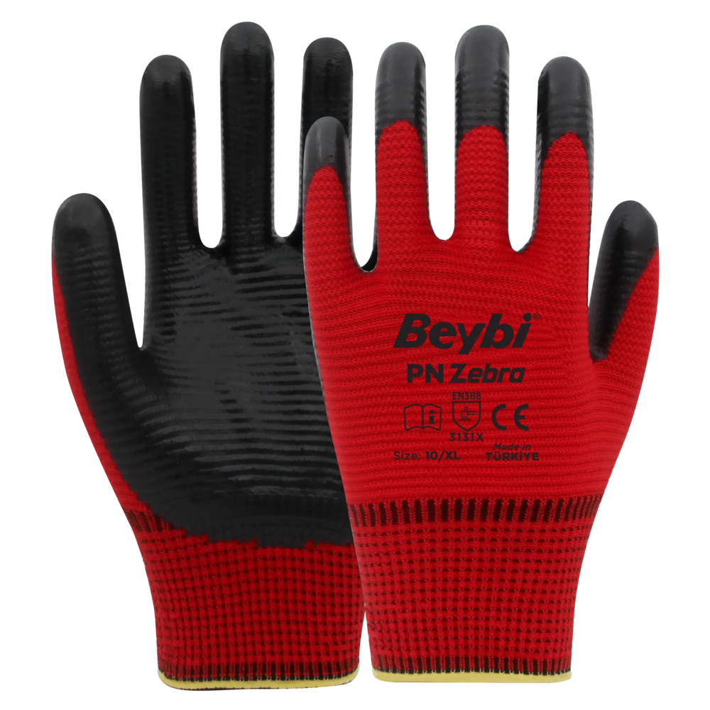 beybi pn zebra nitril eldiven kivrimli kavrama 13g polyester orme 1 2 nitril kaplama turuncu siyah kirmizi siyah mavi siyah no 9 no 10 en 388 3131x ce reach gida ile temas silikon icermez