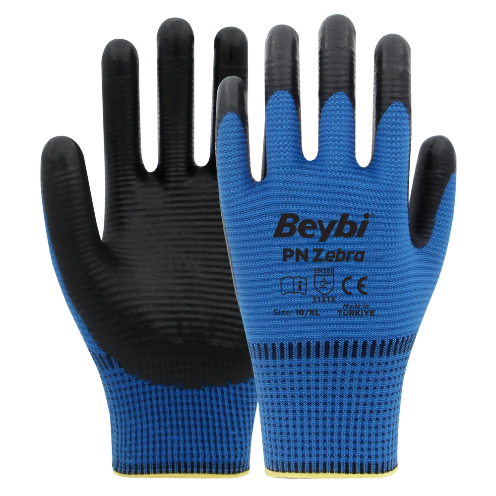 beybi pn zebra nitril eldiven kivrimli kavrama 13g polyester orme 1 2 nitril kaplama turuncu siyah kirmizi siyah mavi siyah no 9 no 10 en 388 3131x ce reach gida ile temas silikon icermez