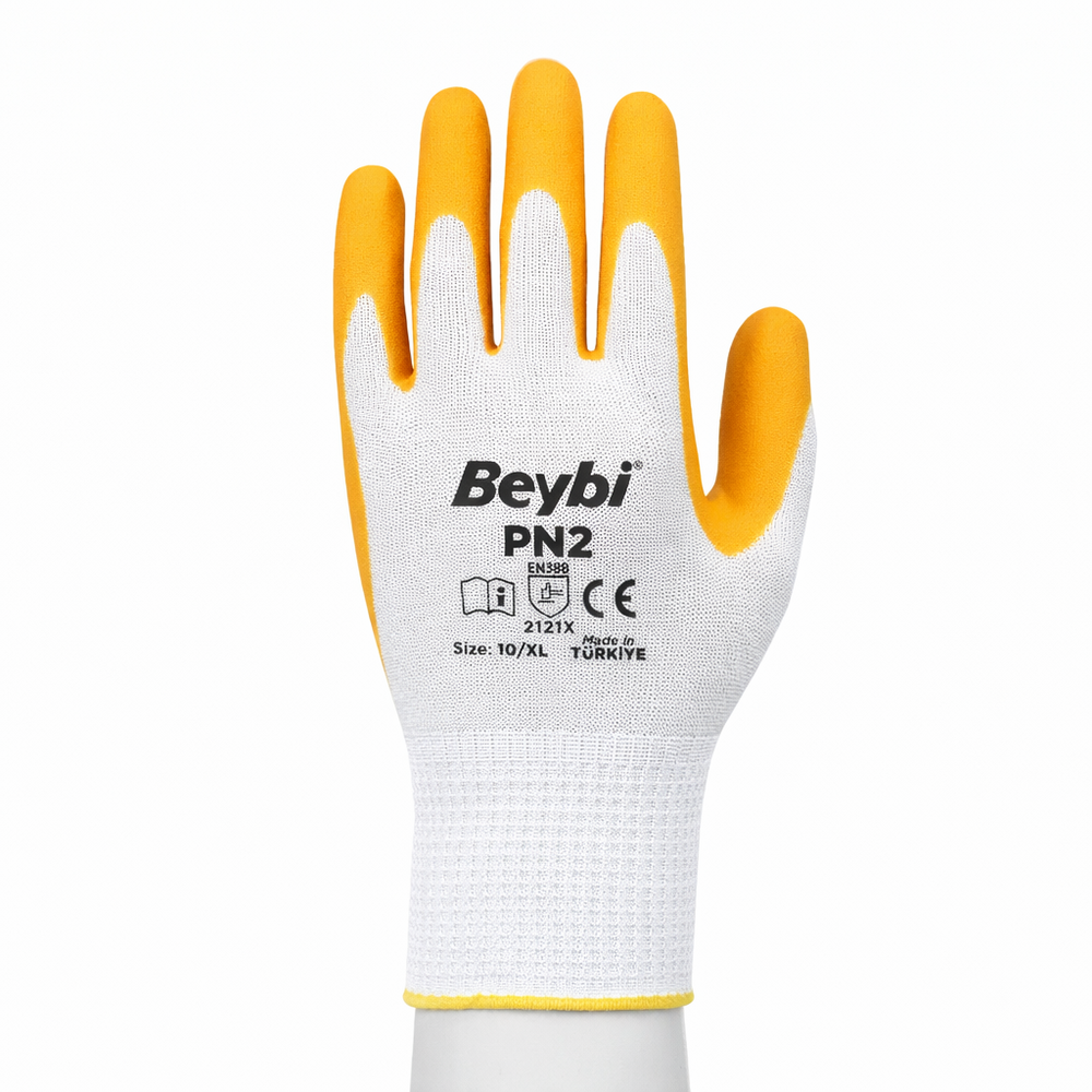beybi pn2 polyester örme yarım nitril kaplı iş eldiveni 13g en 388 2121x beyaz sarı kırmızı siyah no 9 no 10