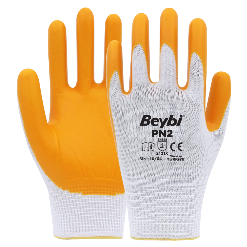 beybi pn2 polyester örme yarım nitril kaplı iş eldiveni 13g en 388 2121x beyaz sarı kırmızı siyah no 9 no 10