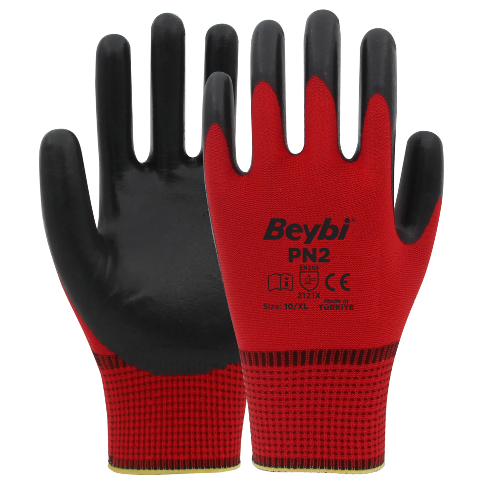beybi pn2 polyester örme yarım nitril kaplı iş eldiveni 13g en 388 2121x beyaz sarı kırmızı siyah no 9 no 10