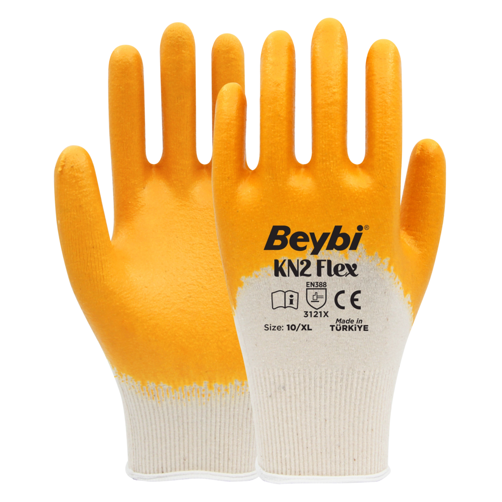 beybi kn2 flex pamuk likrali orme eldiven nitril kaplama orgu bilek en 388 3121x ce gida ile temasa uygun no 9 no 10 sari beyaz lacivert beyaz