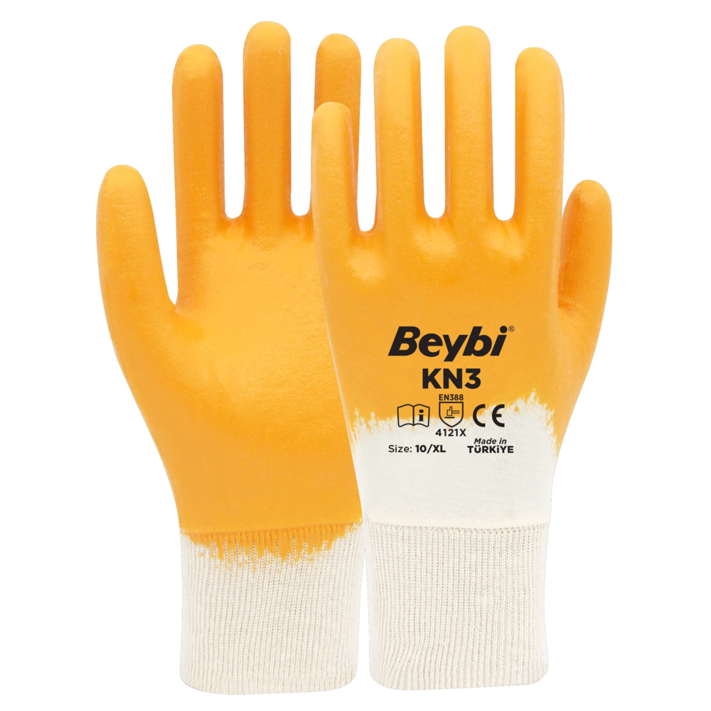 Beybi KN3 Pamuk Nitril Eldiven (Sarı-Beyaz) beybi kn3 pamuk nitril eldiven sari beyaz orgu bilek konforlu kavrama dayanikli is eldiveni no 9 no 10 en 388 4121x ce