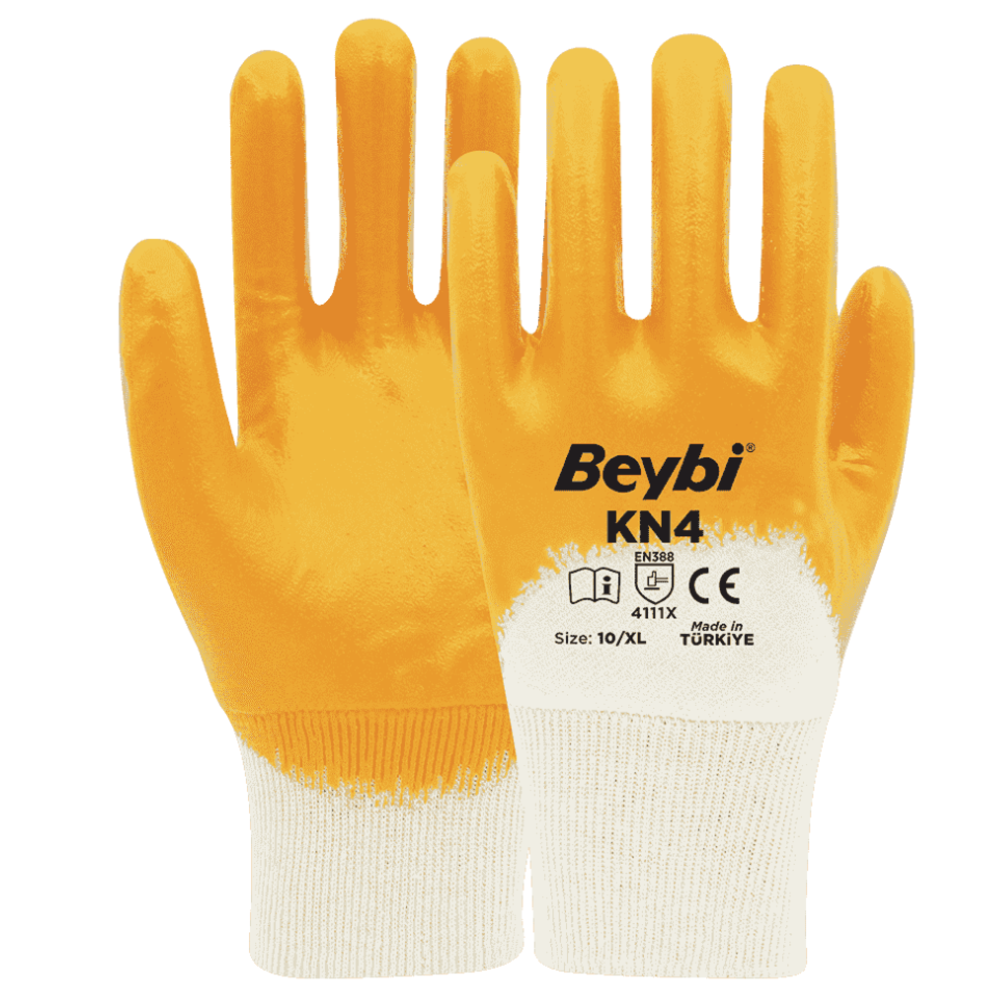 beybi kn4 pamuk nitril eldiven elyaf katkili pamuk astar nitril kaplama yag petrol direncli sari beyaz lacivert beyaz no 9 no 10 en 388 4111x 