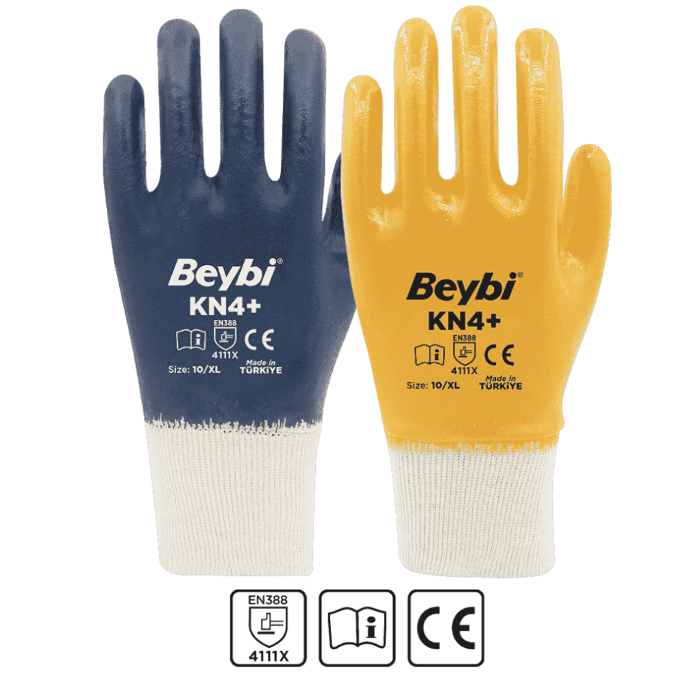 beybi kn4+ pamuk nitril eldiven tam nitril kapli yag petrol direncli surtunmeli yuzey dayanikli sari beyaz lacivert beyaz no 9 no 10 en 388 4111x 
