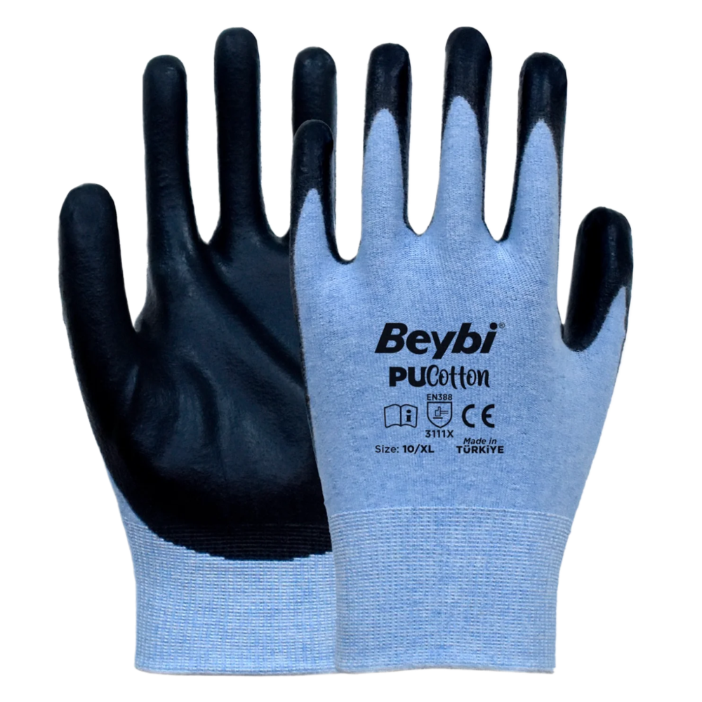 Beybi PU Cotton Poliüretan Kaplı Pamuk Eldiven (Mavi-Siyah) beybi pu cotton poliuretan kapli pamuk orme eldiven mavi siyah 1 2 pu kaplama en 388 3111x ce no 9 no 10