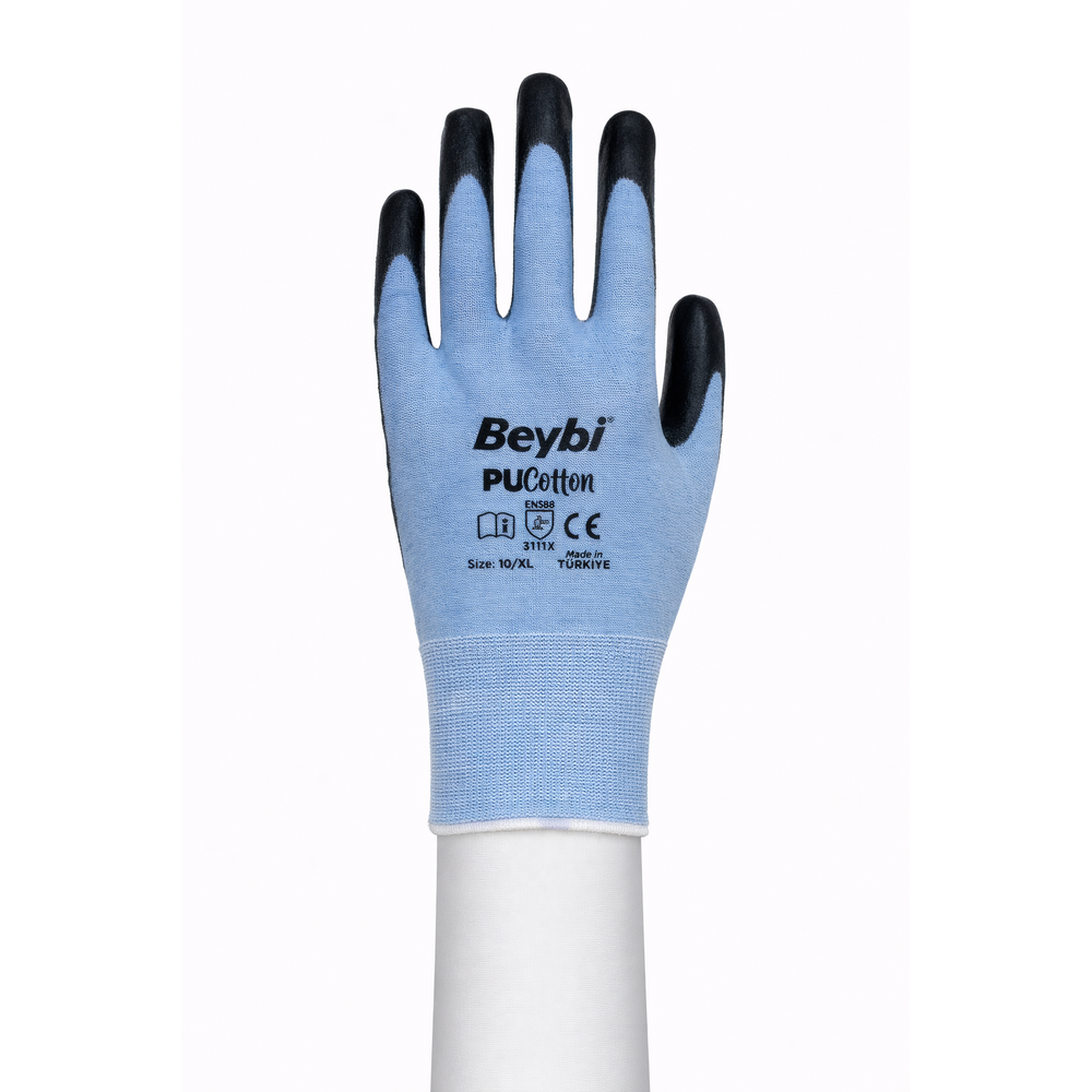 Beybi PU Cotton Poliüretan Kaplı Pamuk Eldiven (Mavi-Siyah) beybi pu cotton poliuretan kapli pamuk orme eldiven mavi siyah 1 2 pu kaplama en 388 3111x ce no 9 no 10