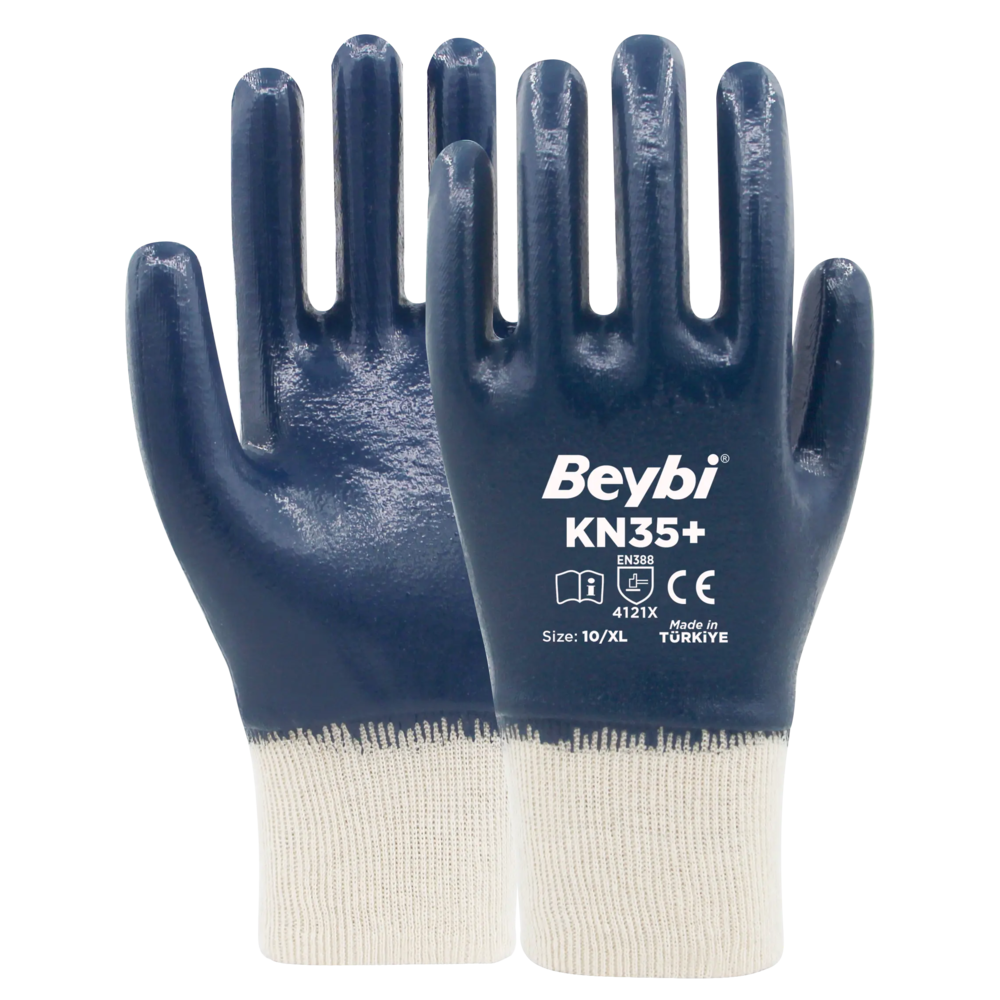 beybi kn35+ tam kaplama pamuk nitril eldiven lacivert beyaz orgu bileklik en 388 4121x ce no 9 no 10 yag gres dayanimi